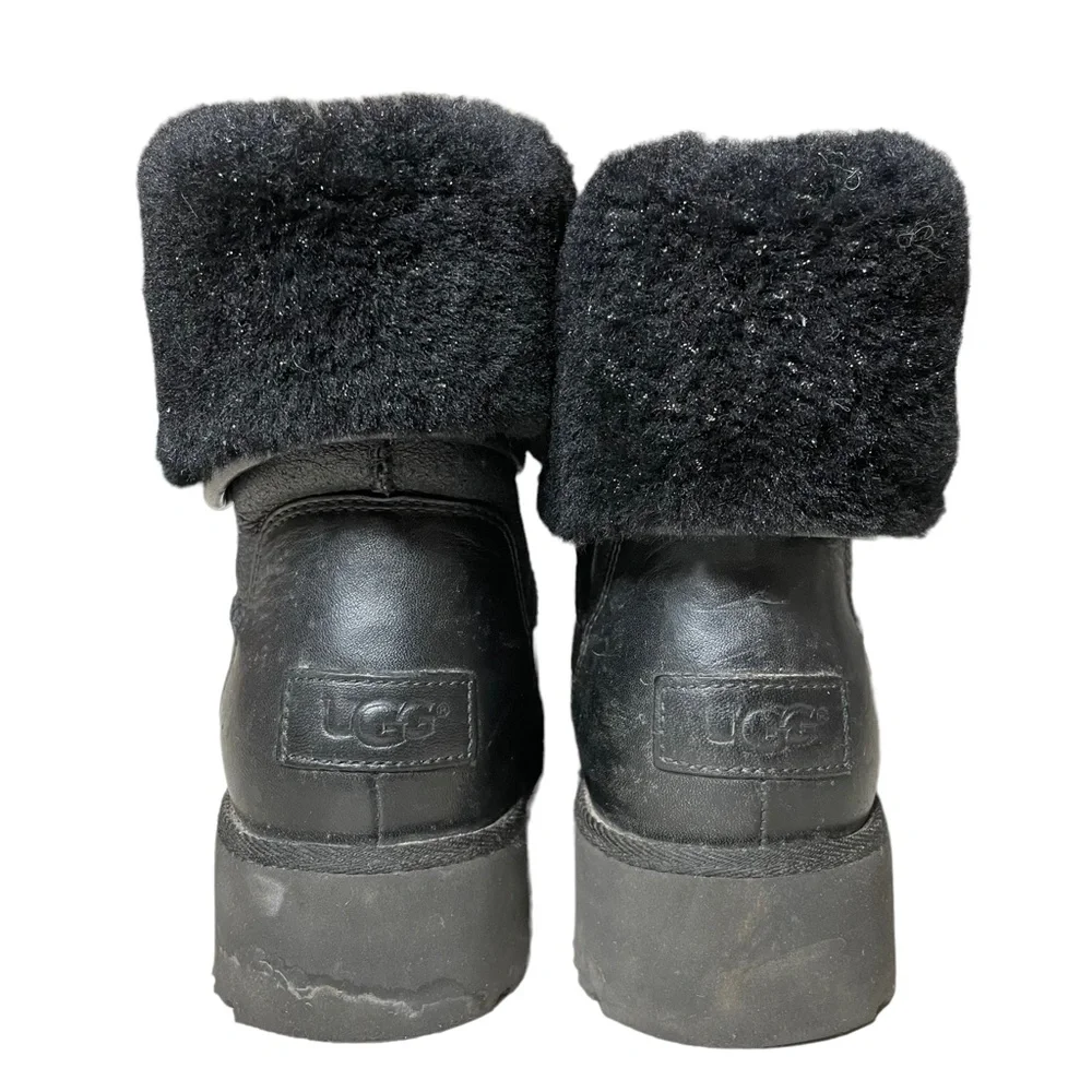 UGG Leather Shearling Boots 4 Foldover F20016E Black 10124 Winter Ankle Bootie